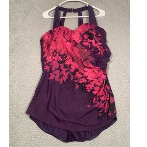 Lands End Swimsuit Purple Floral Whole Piece Skirt Front Adjustable Strap 16DDD